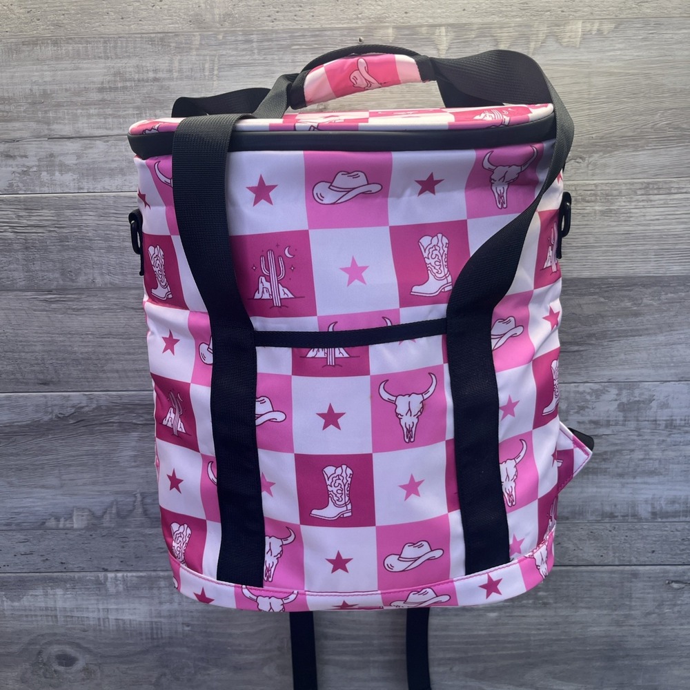 Backpack Cooler Bag Leakproof Insulated Pink Checkered Western Cowgirl Boots Hat